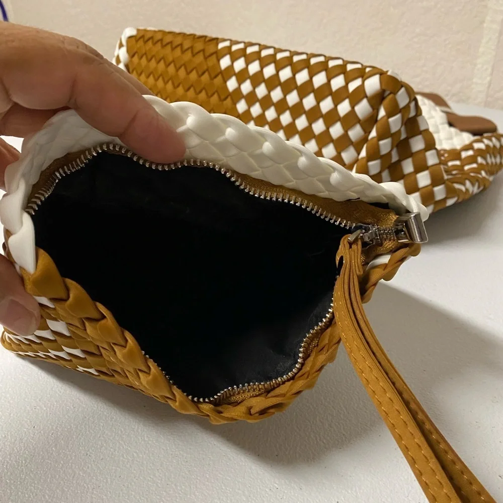 Brown and White Woven Tote Bag Set